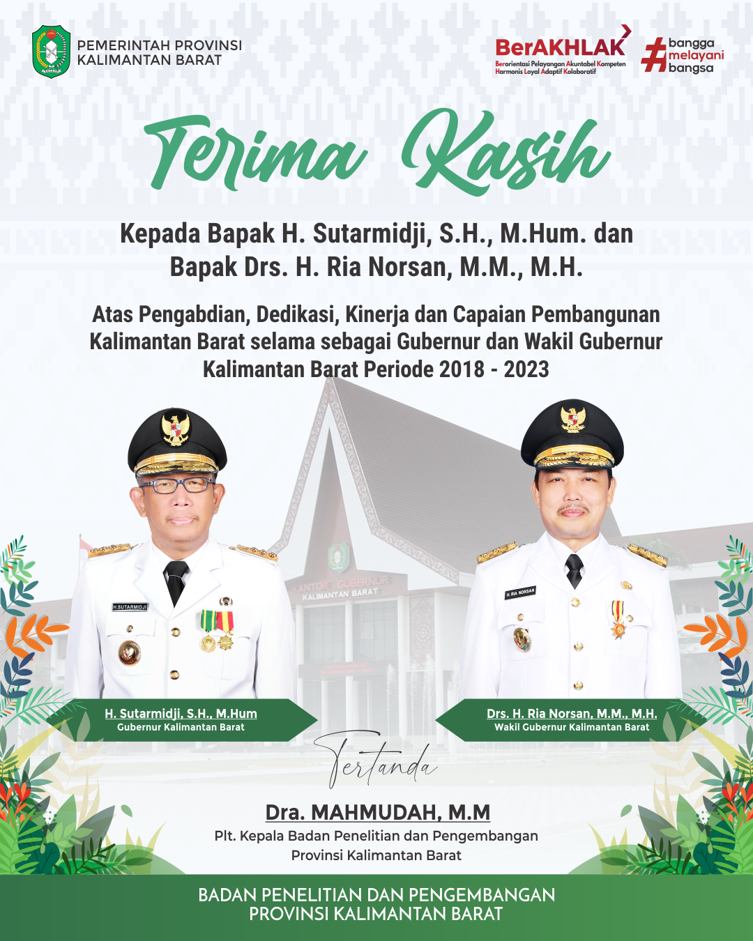 Ucapan Terima Kasih kepada Gubernur dan Wakil Gubernur Kalimantan Barat Periode 2018 - 2023